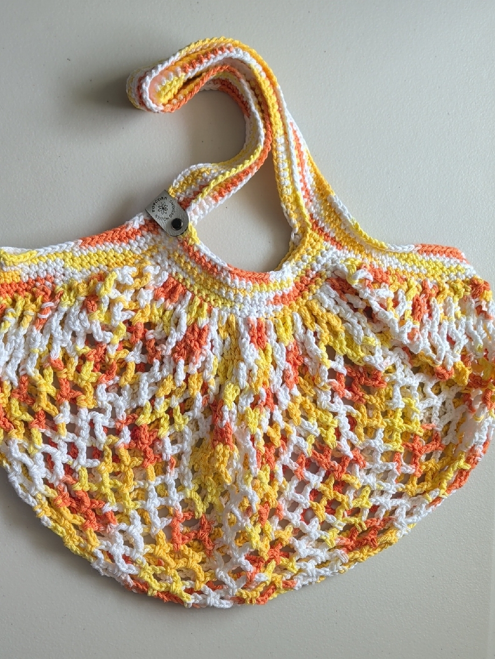 Handmade Crochet Cotton Mesh Market Bag in White, Orange, & Yellow